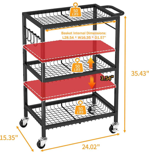 Image of Black Three-Tier Rolling Cart with 150 Pound Capacity, dimensions shown, two lockable wheels, space-saving design.