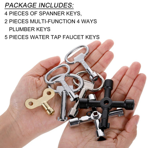 11 Piece Multi Functional Utility Key Kit For Plumbers And Home DIY Projects with metal spanners and faucet keys in hand