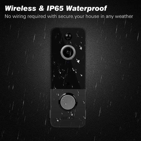 Wireless Video Doorbell With Chime 1080P HD Camera in rain, demonstrating IP65 waterproof protection for all-weather use.
