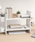 White Desktop Shelf Organizer With Adjustable Two Tier Design Space Saving For Dorm Room And Office To Maximize Storage