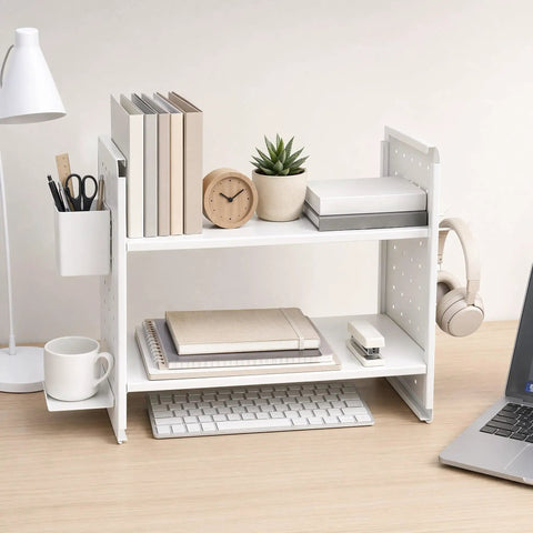 White Desktop Shelf Organizer With Adjustable Two Tier Design Space Saving For Dorm Room And Office To Maximize Storage