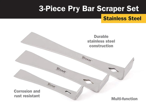 Three Piece Stainless Steel Pry Bar Scraper Set with Nail Puller and Angled Edge, durable corrosion-resistant design, multi-function.