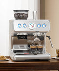 20 Bar Espresso Machine With Built-In Grinder And Milk Frother For Home Use, Stainless Steel, brewing coffee on kitchen counter