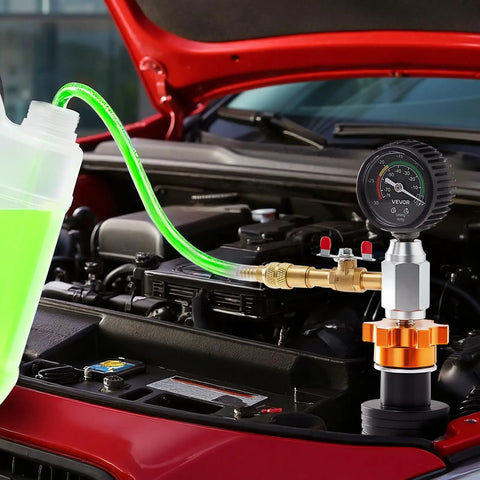 Universal Radiator Vacuum Refill Kit With Precision Gauge And Steel Tool Chest for coolant filling in engine bay.
