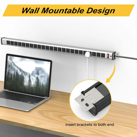 24 Outlet Heavy Duty Power Strip With 10 Ft Extension Cord, ETL Certified Metal Body, wall-mounted above a desk with laptop