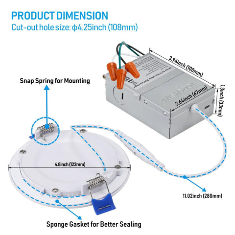 Diagram showing dimensions and features of Ultra Thin Recessed LED Downlight 10W 700LM With Junction Box, 5CCT Selectable 2700K-5000K.