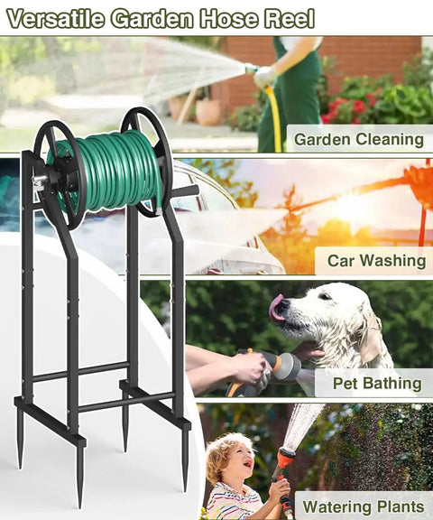 4-Spike Garden Hose Reel With 3.9 Ft Leader Hose And Stainless Fitting shown for outdoor tasks like cleaning and watering.