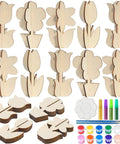 Unfinished Wood Flower Painting Kit With 12 3D Tulip Blooms, DIY Spring Craft Set showing blank cutouts and paint supplies.