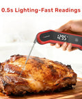 Instant Read Digital Meat Thermometer with lightning fast 0.5 second response inserted in roasted meat, showing 129.5°F