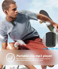 Skateboarder wearing 64GB Sport Clip On MP3 Player With Bluetooth 5.3 Ultra Light Mini Clip On Recorder, no FM, microSD