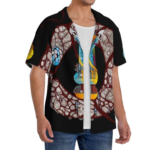Conveyor Belt Patterned XXL Men's Short Sleeve Cuban Collar Shirt for Summer Beach Days Breathable Polyester Vacation Top in Black