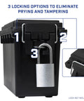 3 locking options on Lockable Stackable Ammo Storage Box For Home Range And Outdoor Use Made In USA Fits 30 Caliber 9mm 5.56 And More