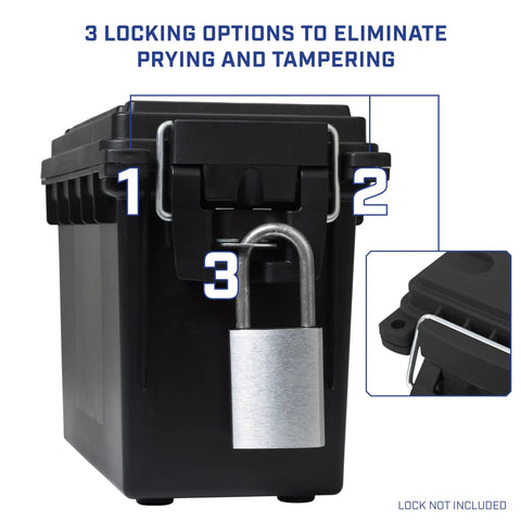 3 locking options on Lockable Stackable Ammo Storage Box For Home Range And Outdoor Use Made In USA Fits 30 Caliber 9mm 5.56 And More