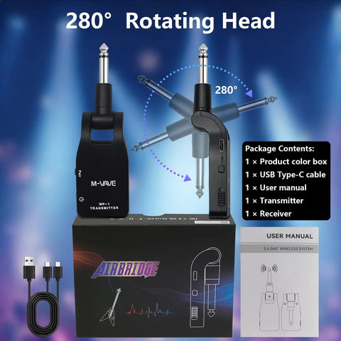 Wireless Guitar System With 2.4G Tech featuring 280° rotating head, transmitter, receiver, and accessories on display box.