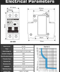 Diagram of electrical parameters for 30 Amp Two Pole Solar Disconnect Switch with DIN Rail Mount, showing dimensions and ratings.