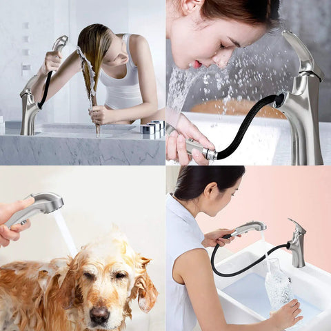 Brushed Nickel Pull Out Bathroom Faucet With 3 Spray Modes Single Hole Sink Faucet Pull Down Sprayer One Handle Modern Vanity Tap