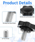 1/4-20 Knurled Thumb Screws Set, Black Plastic Knobs, 12 Pieces, stainless steel thread close-up, sturdy grip details
