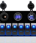 Beefy 12V Marine Rocker Switch Panel 6 Gang With Blue LED Waterproof Toggle Control featuring voltmeter and USB charger