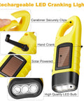 Yellow Four Pack Hand Crank Solar Powered Flashlights With Rechargeable LED Lighting Emergency Torches, carabiner, solar panel, hand crank