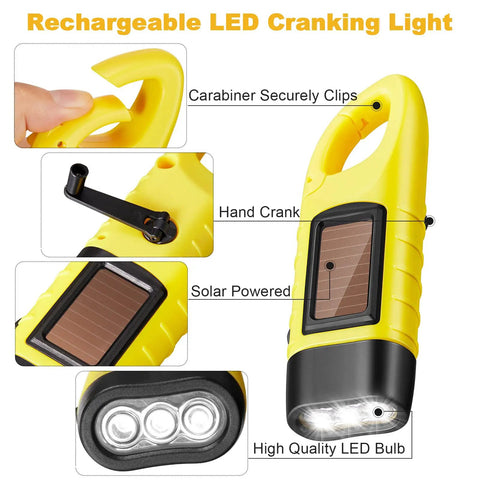 Yellow Four Pack Hand Crank Solar Powered Flashlights With Rechargeable LED Lighting Emergency Torches, carabiner, solar panel, hand crank