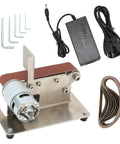 Fafeicy 200W Mini Belt Sander With Adjustable Speed 9000Rpm And Durable Brass Core Motor, motor and accessories laid out.