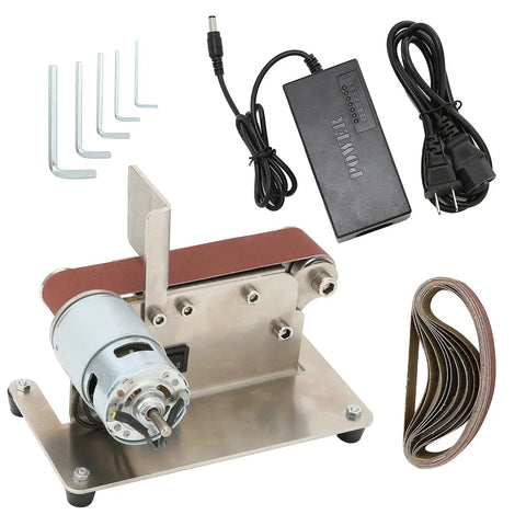 Fafeicy 200W Mini Belt Sander With Adjustable Speed 9000Rpm And Durable Brass Core Motor, motor and accessories laid out.