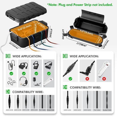 Outdoor Heavy Duty Weatherproof Electrical Box Set With Big And Small Boxes 6 Cable Entry Ports IP54 Rating Lockable Latches Rubber Seals Black showing dimensions and compatibility chart