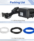 Packing list showing Dead Simple Oilless Lab Vacuum Pump 110V, 1 oil-free vacuum pump, and three hoses.