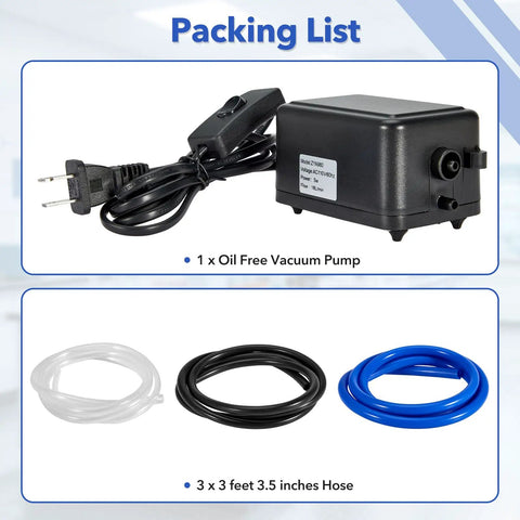 Packing list showing Dead Simple Oilless Lab Vacuum Pump 110V, 1 oil-free vacuum pump, and three hoses.