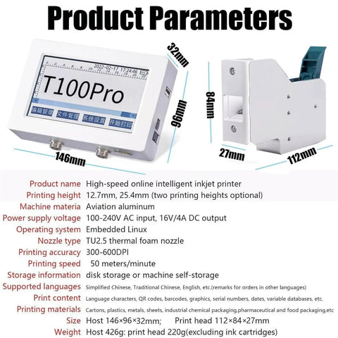 Pro Level Industrial Automatic Coding Machine And Label Printer Prints QR Codes Barcodes And Serial Numbers On The Fly With No Sweat Setup And Heavy Duty Assembly Line Reliability, showing dimensions and features.