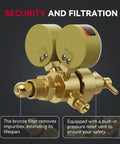 Front view of ARCCAPTAIN argon/CO2 welding regulator with dual brass regulators and hose fittings in gold