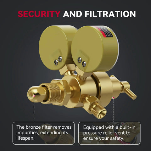 Front view of ARCCAPTAIN argon/CO2 welding regulator with dual brass regulators and hose fittings in gold