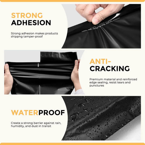 Image showing features of Black 14.5x19 Inch Poly Mailers, 50 Pack, Heavy Duty Self Adhesive Bags With Tear Strip For Clothes.