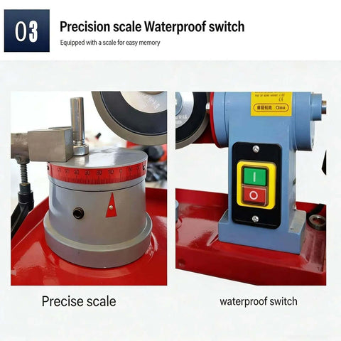Precision scale and waterproof switch on No Drama Electric Saw Blade Sharpener For Carbide Tipped Blades With Five Inch Grinding Wheel.