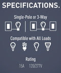 Radiant 15 Amp Rocker Wall Switch With Locator Light For Three Way Circuits White Decorator Style Easy Install specs