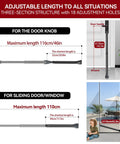 Image showing an Upgraded Door Security Bar And Sliding Patio Bar Heavy Duty Adjustable Jammer for home and travel, illustrated with measurements for door and sliding window use.