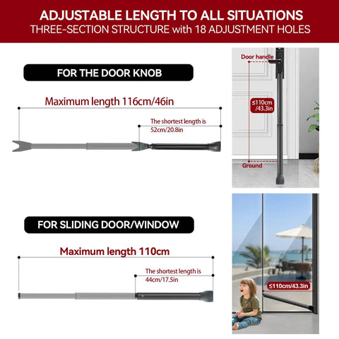 Image showing an Upgraded Door Security Bar And Sliding Patio Bar Heavy Duty Adjustable Jammer for home and travel, illustrated with measurements for door and sliding window use.