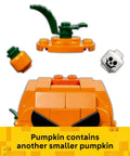 Jack O Lantern Pumpkin Pickup Truck Building Set For Kids shows orange pumpkin with a removable leaf, smaller pumpkin, and skull piece.
