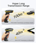 Bluetooth Barcode Scanner 2D Handheld showing wireless transmission range of 100m and 40m via Bluetooth and adapter, BCST-36.