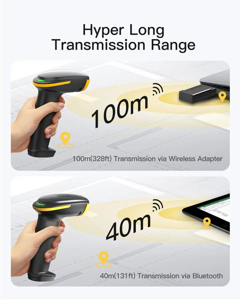 Bluetooth Barcode Scanner 2D Handheld showing wireless transmission range of 100m and 40m via Bluetooth and adapter, BCST-36.