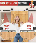 No-Drill Sliding Barn Door Soft Close Kit installed, showing tool-free dampers on a wooden bedroom door for quiet closure