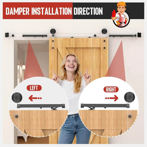 No-Drill Sliding Barn Door Soft Close Kit installed, showing tool-free dampers on a wooden bedroom door for quiet closure