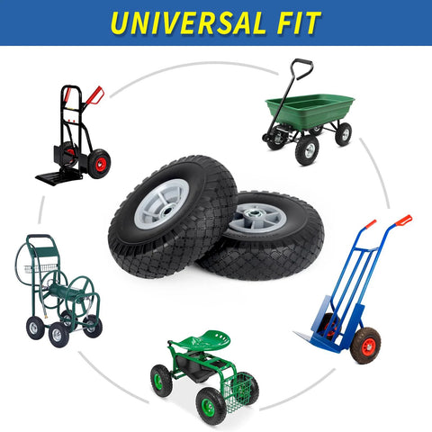 10x3.00-4 Flat Free Tire And Wheel Assembly For Carts And Trolleys, 10 Inch Diameter, universal fit with various carts shown