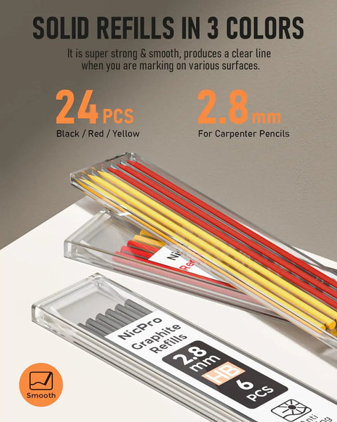 Carpenter Pencils With Sharpener Set And 26 Refills Deep Hole Marker shown with colored and graphite refills for marking.