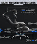 Ergonomic Gaming Chair With Massage Lumbar Support And Footrest, reclined to 135 degrees, height adjustable, side view.