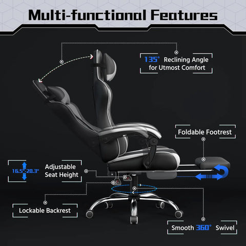 Ergonomic Gaming Chair With Massage Lumbar Support And Footrest, reclined to 135 degrees, height adjustable, side view.