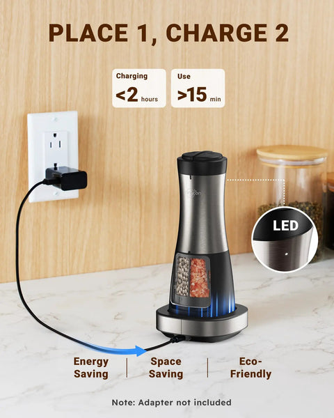 2 In 1 Rechargeable Salt And Pepper Grinder Set With USB C Charging Base One Handed Automatic Grinders on countertop