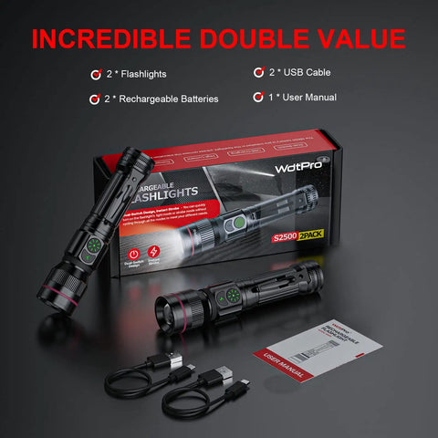 2 Pack Rechargeable Flashlight With Beast Bright LED 5 Modes Zoomable Beam Clip On Portable Torch Waterproof For Camping