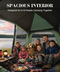 Family in a spacious interior of a Family Cabin Tent For 6-8 With Porch And 2 Rooms, Waterproof Glamping Tent, by a lake