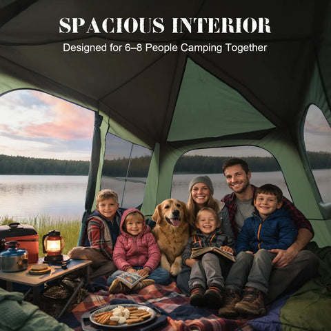 Family in a spacious interior of a Family Cabin Tent For 6-8 With Porch And 2 Rooms, Waterproof Glamping Tent, by a lake